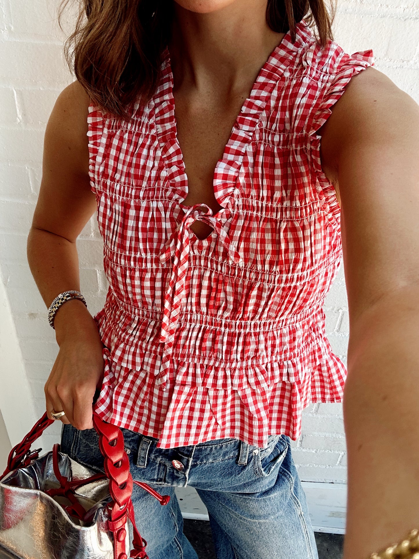 GINGHAM SMOCKED TOP