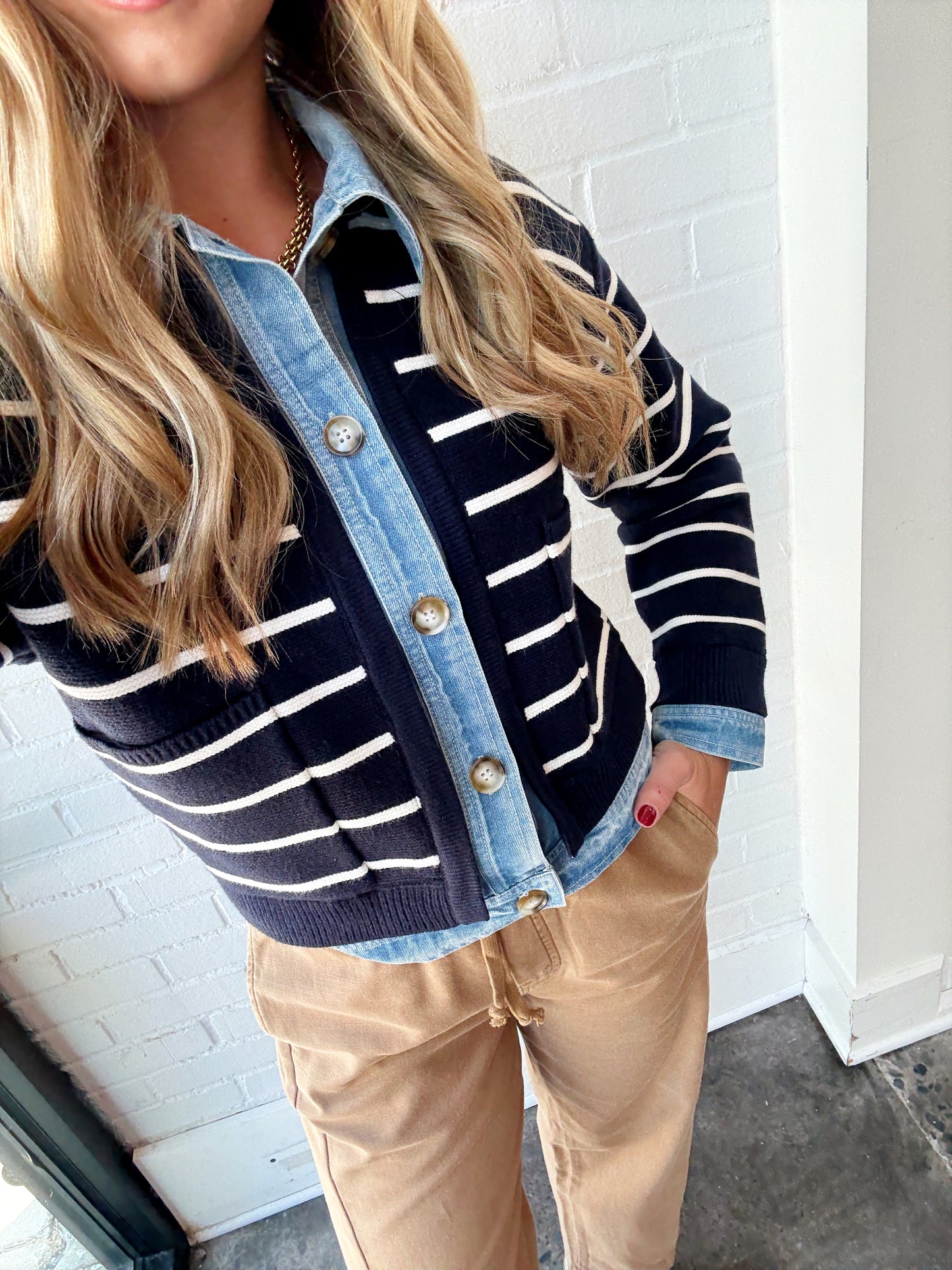 STRIPE KNIT & DENIM CARDIGAN