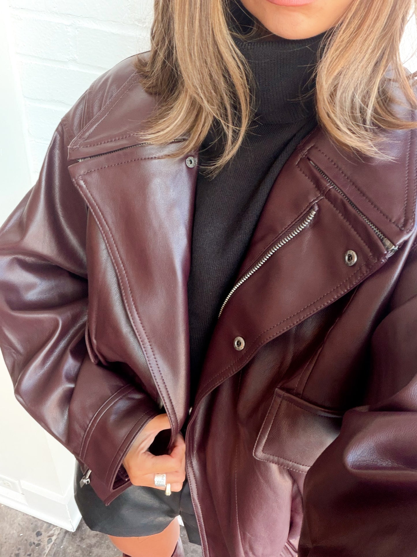 VEGAN LEATHER FUNNEL JACKET