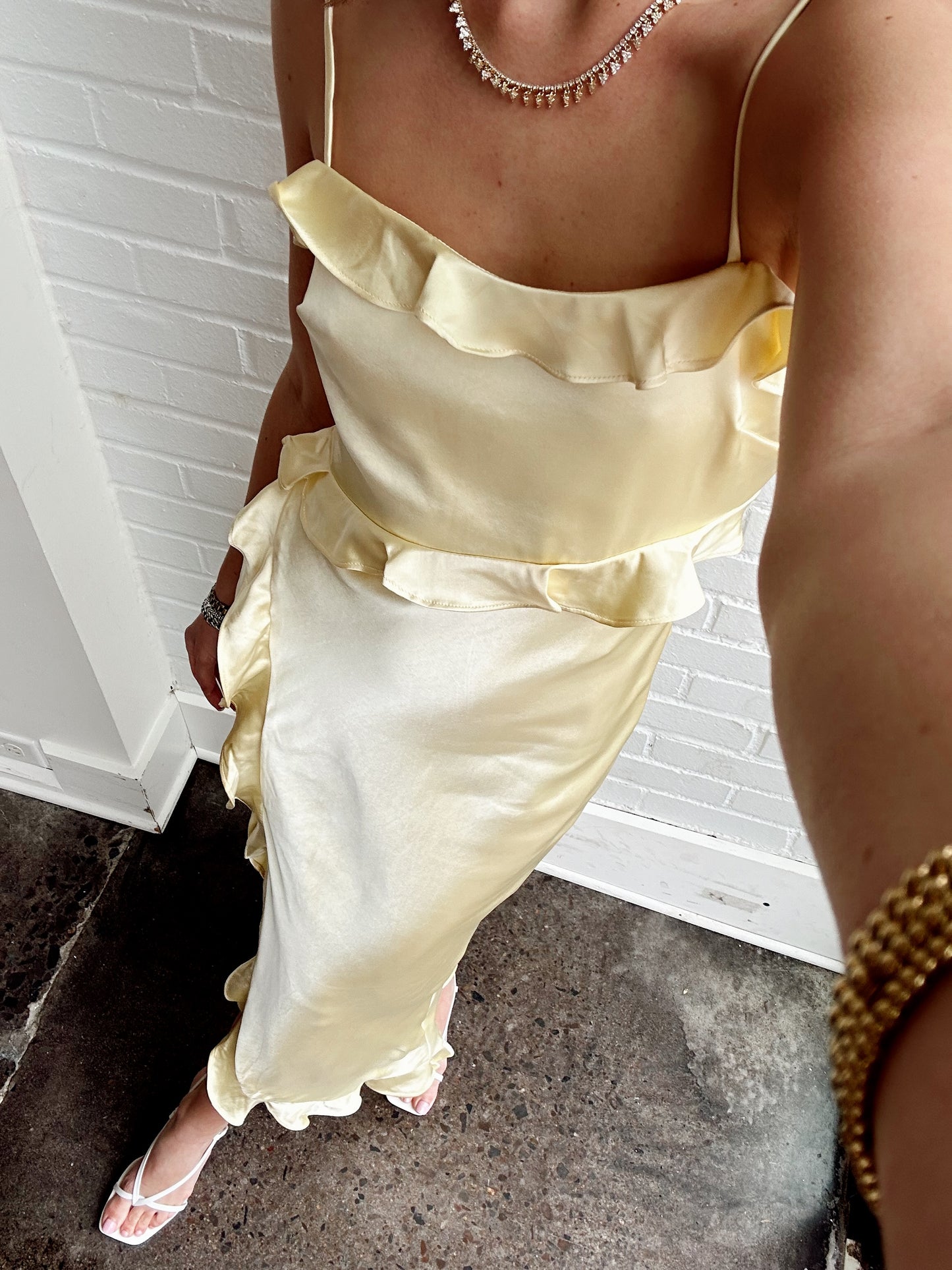 SATIN RUFFLE TRIM MAXI DRESS