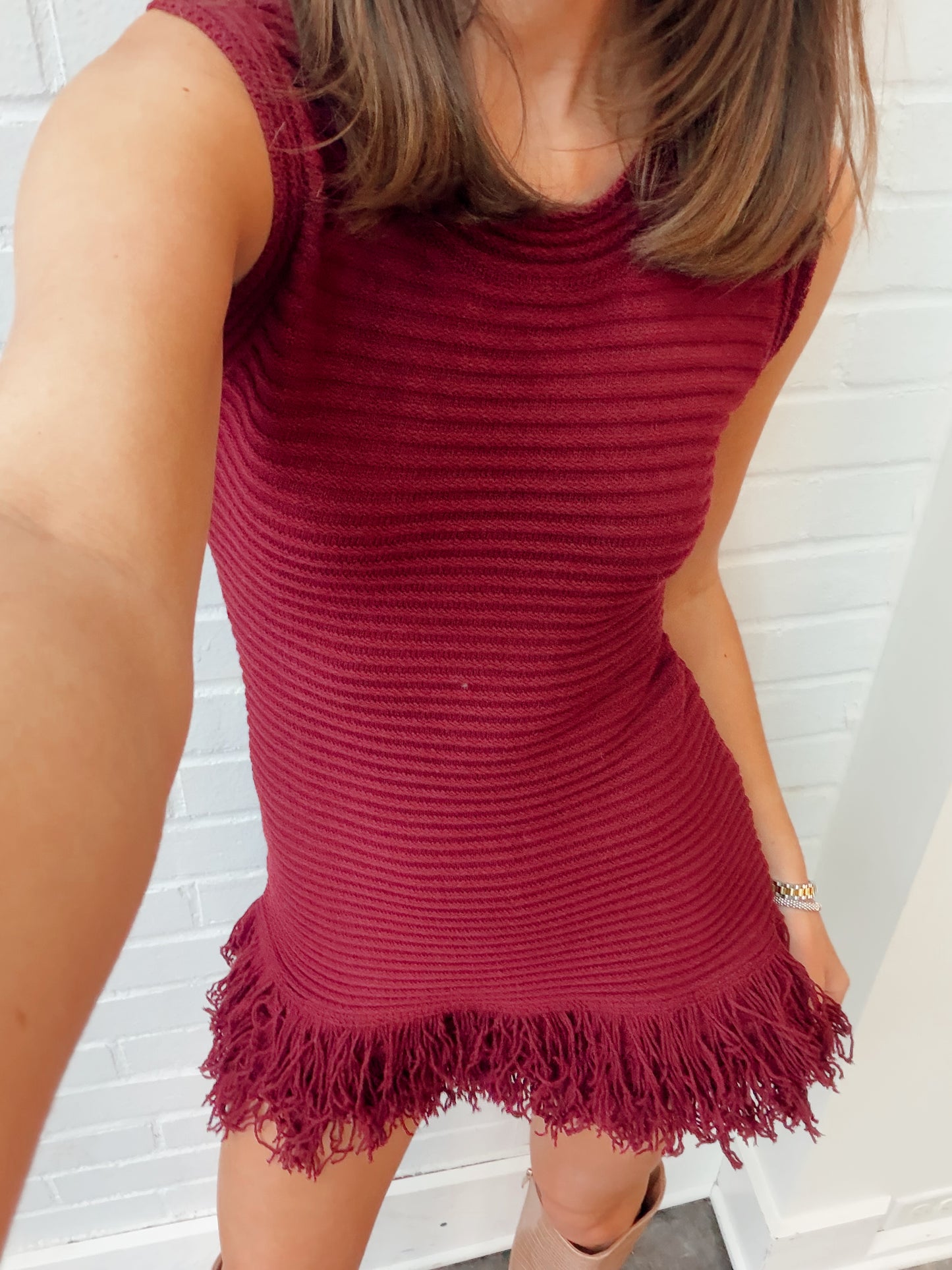 FRINGE KNIT SWEATER DRESS