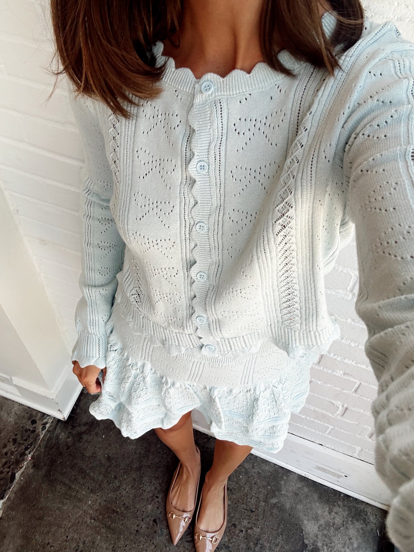 BOW POINTELLE KNIT CARDI & MINI SKIRT SET