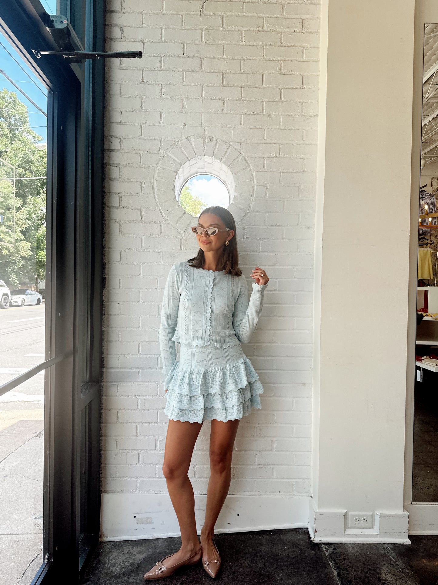 BOW POINTELLE KNIT CARDI & MINI SKIRT SET