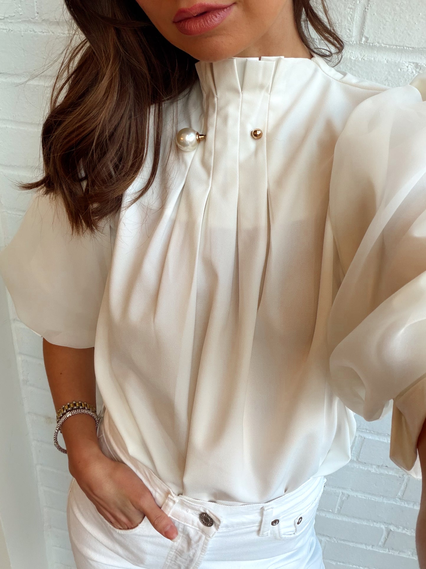 PEARL DETAIL SHEER PUFF SLEEVE BLOUSE