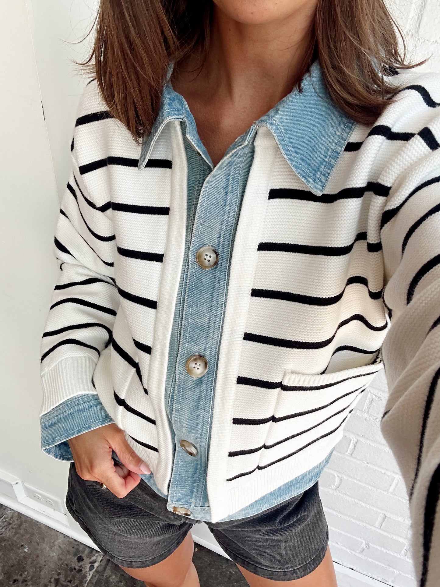 STRIPE KNIT & DENIM CARDIGAN