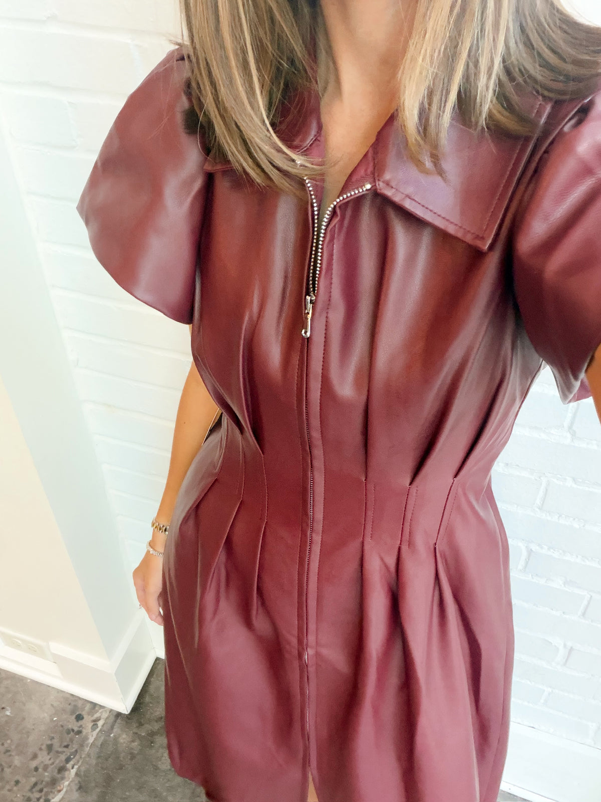 FAUX LEATHER ZIP MIDI BUBBLE DRESS