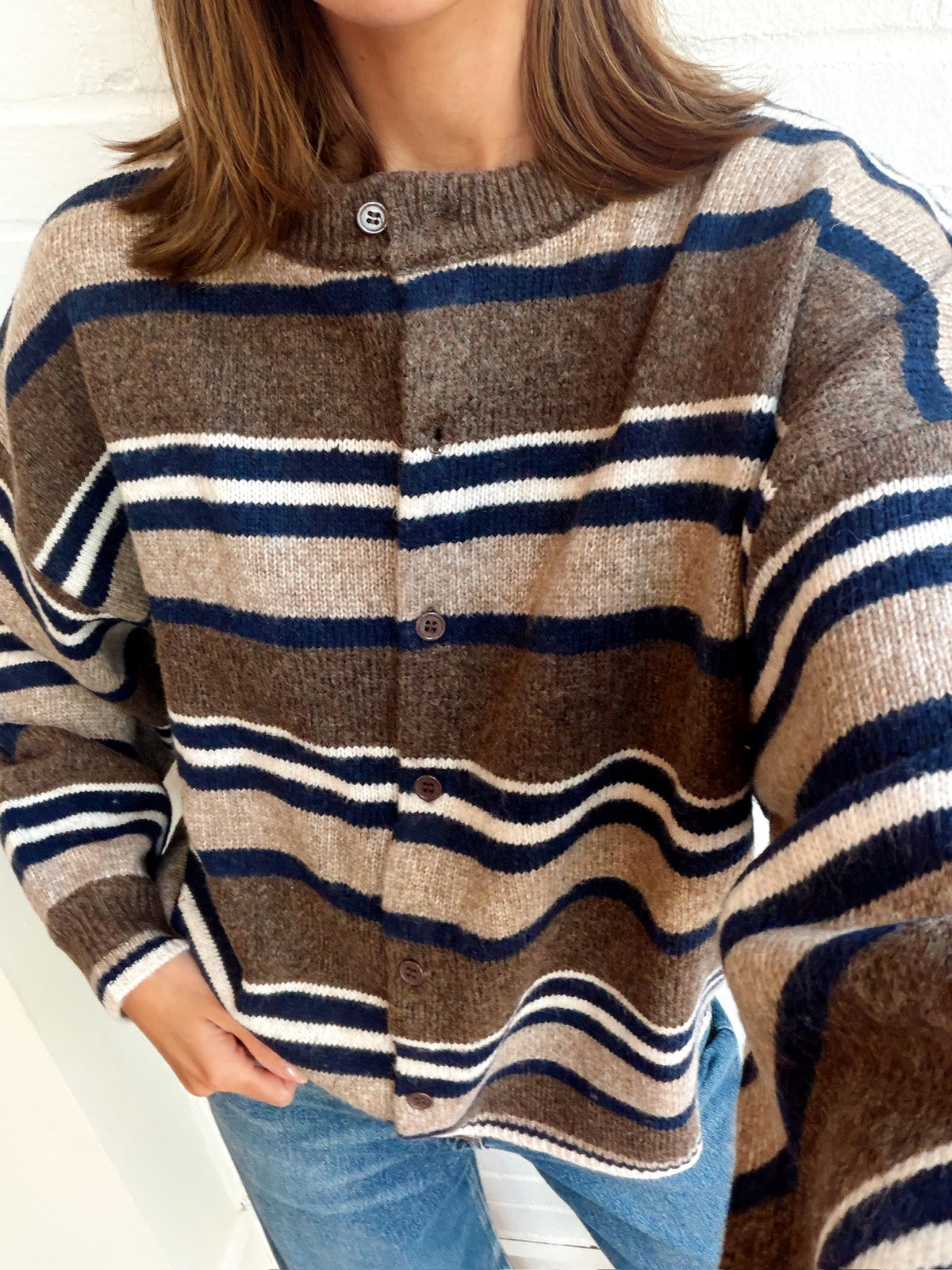 STRIPED CREW NECK BUTTON FRONT CARDIGAN