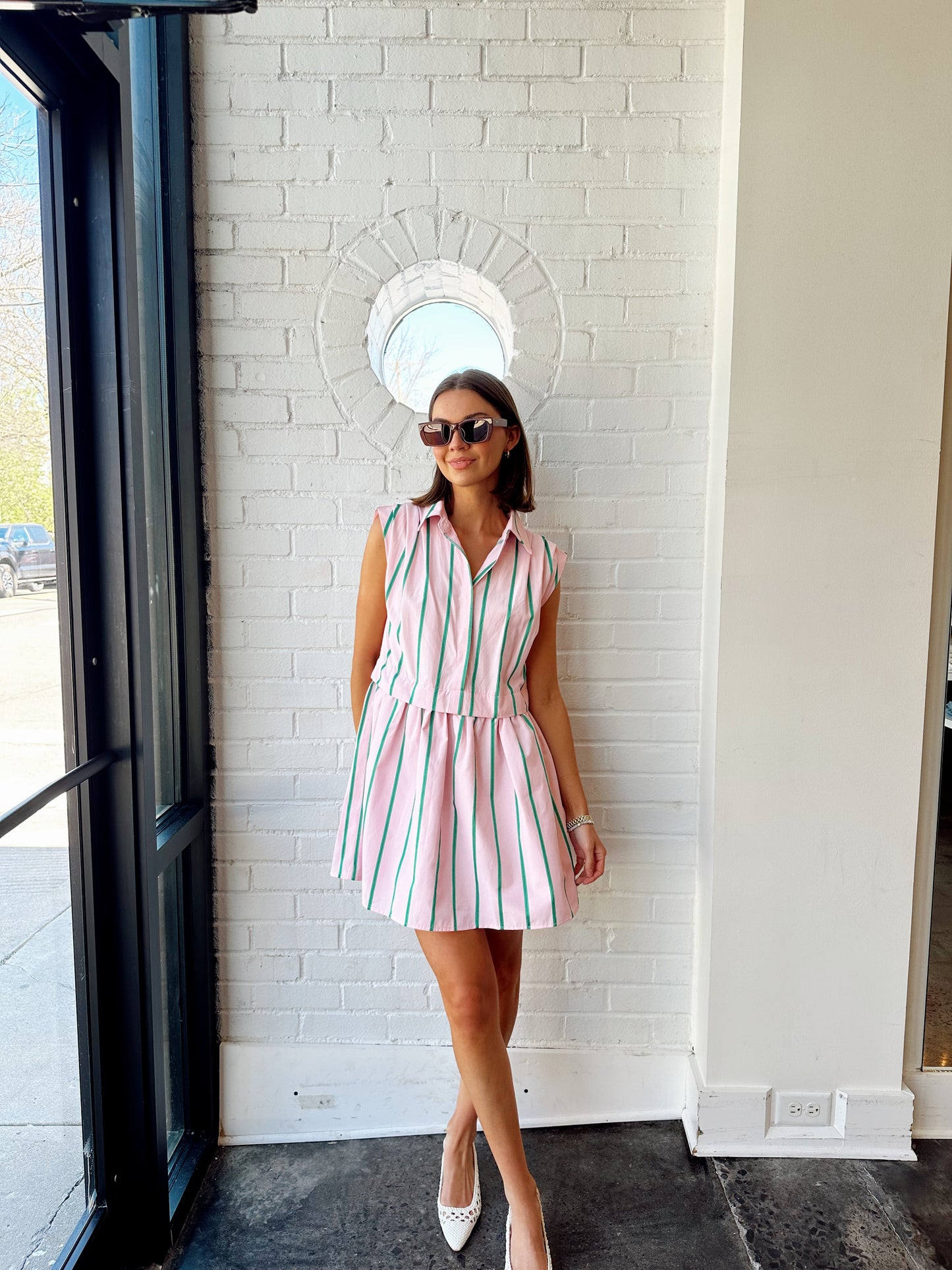 STRIPE PLEATED SHOULDER SHIRT DRESS