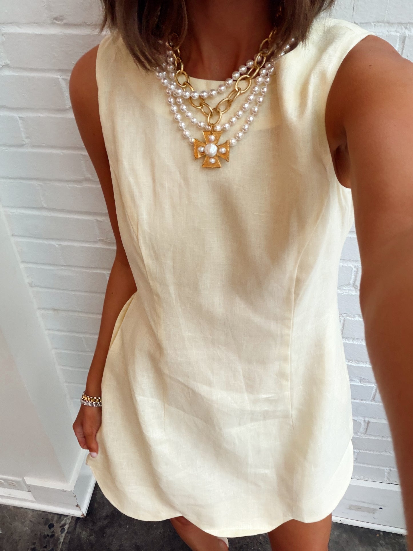 LINEN SCALLOP HEM MINI DRESS