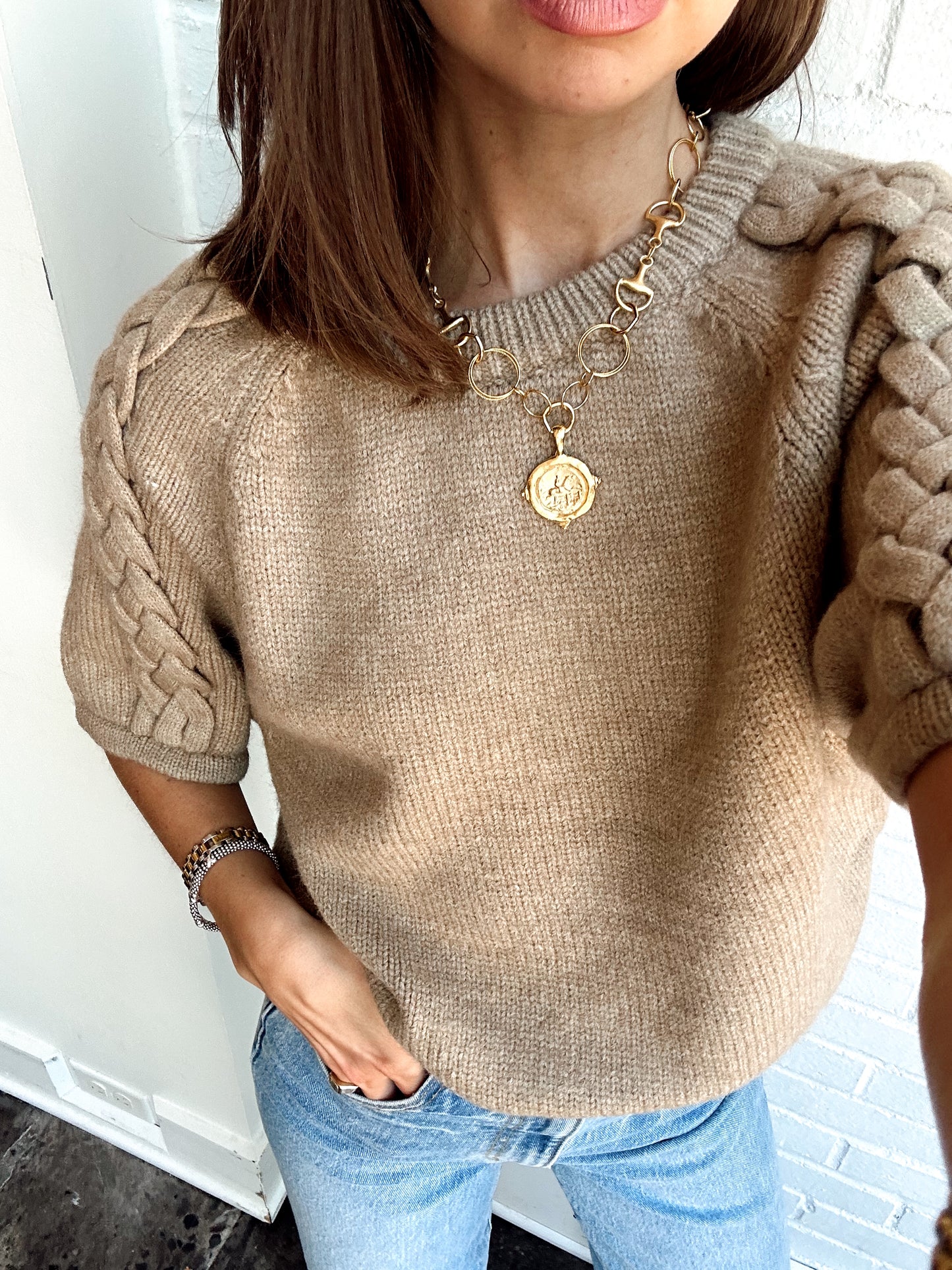 BRYN BRAIDED KNIT SS SWEATER