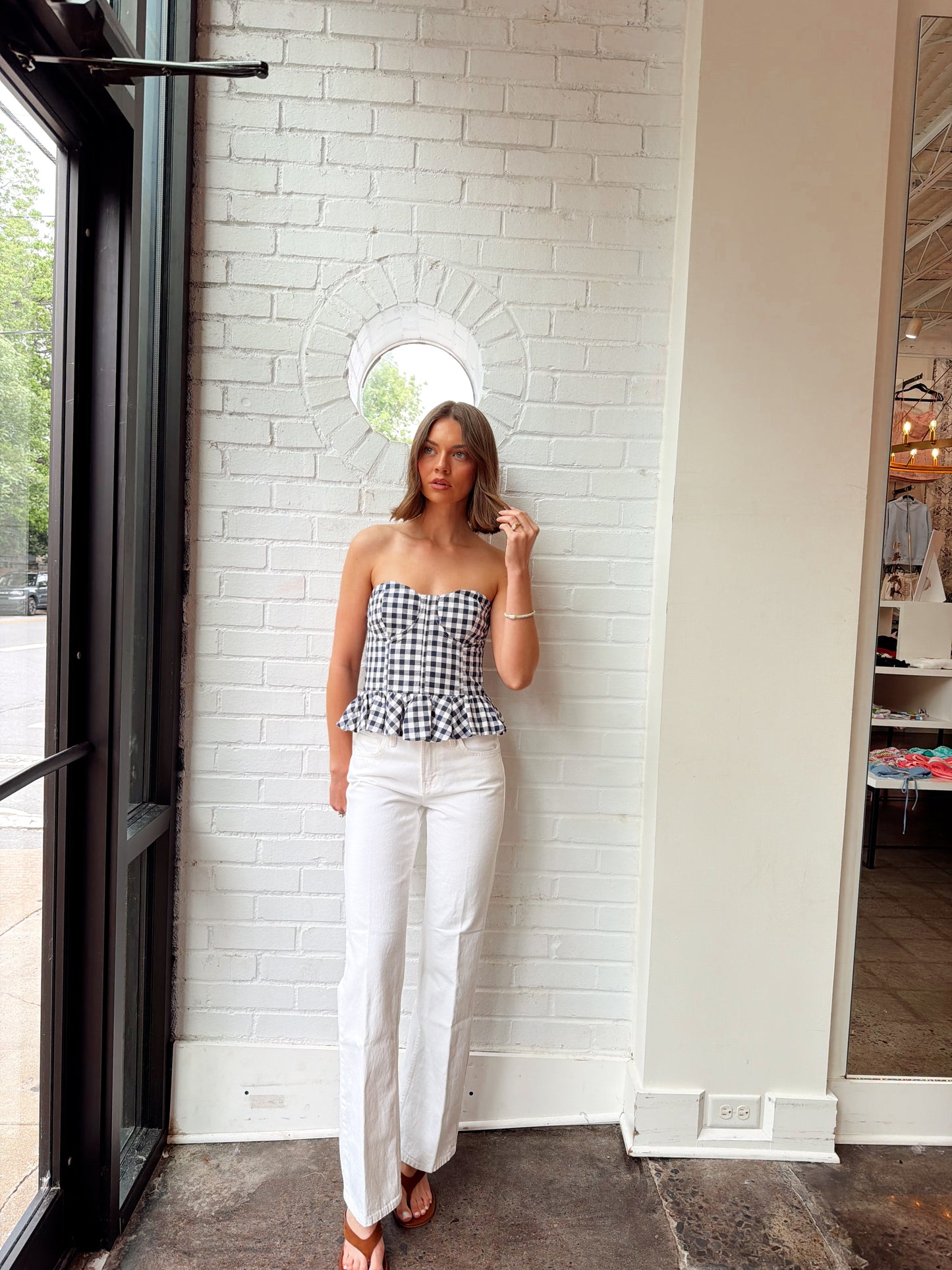 CHRISTI GINGHAM PEPLUM TUBE TOP