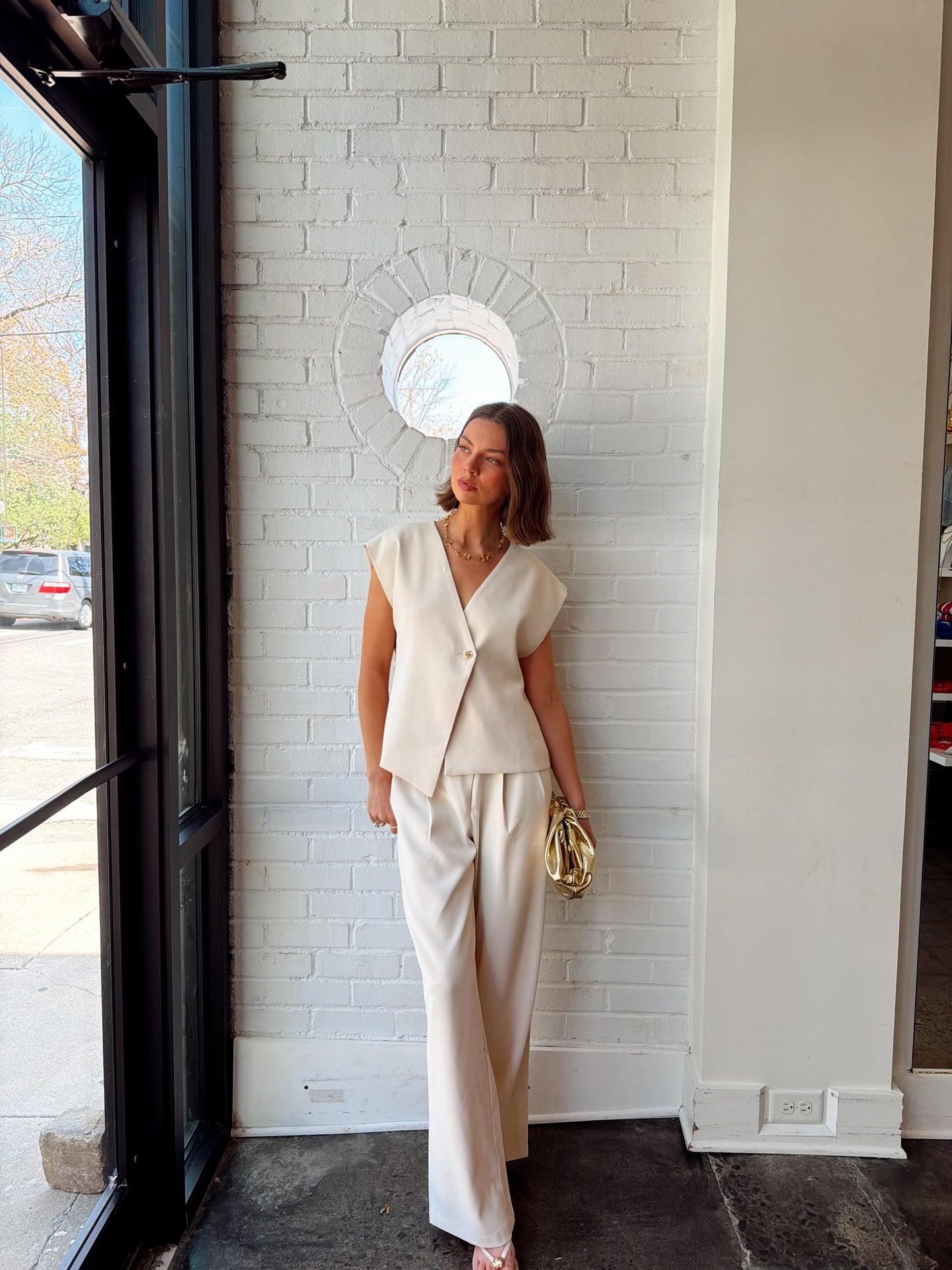 CROSS OVER FRONT PLEATED PANT- ECRU