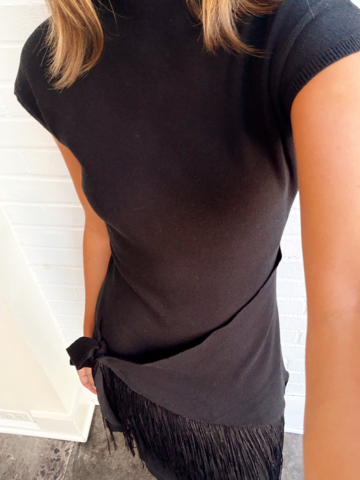FRINGE FAUX WRAP DRESS