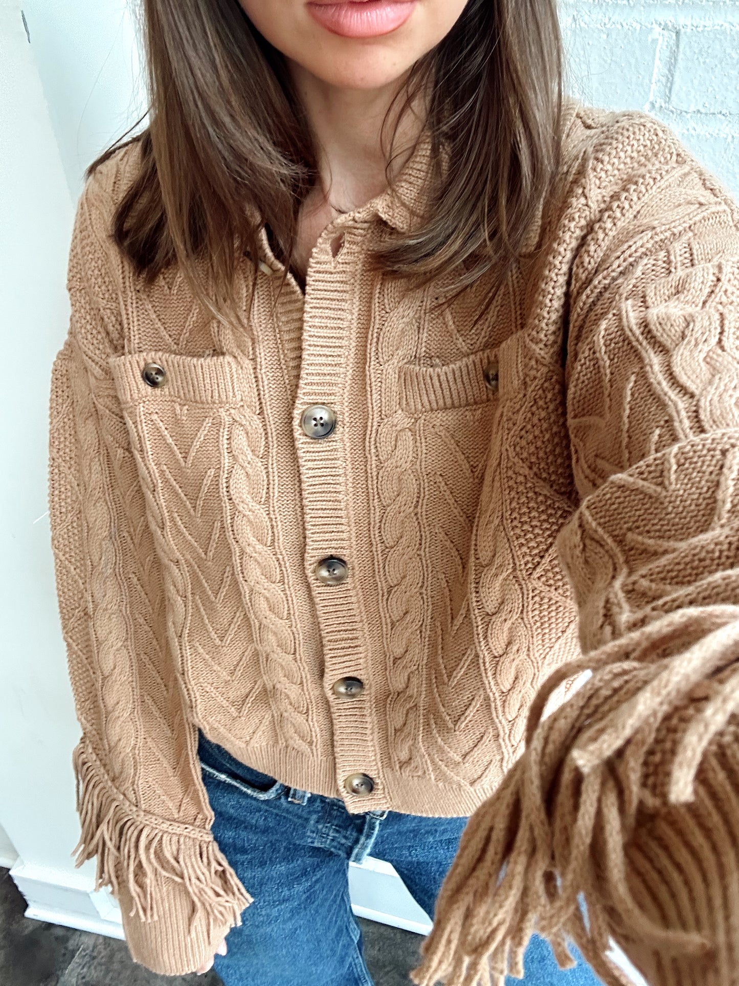 ELYSE CABLED FRINGE SWEATER CARDIGAN