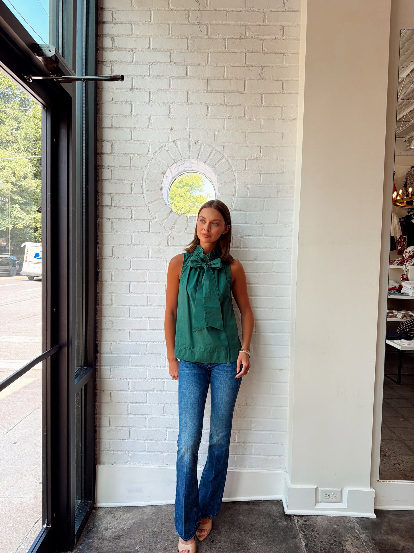 SLEEVELESS BUTTON UP W/ BOW