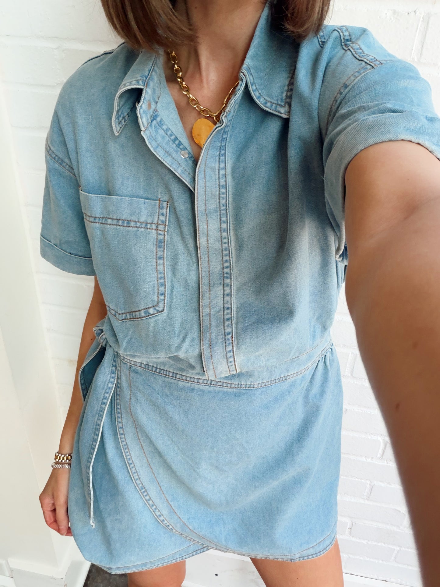 DENIM WRAP SKIRT MINI DRESS