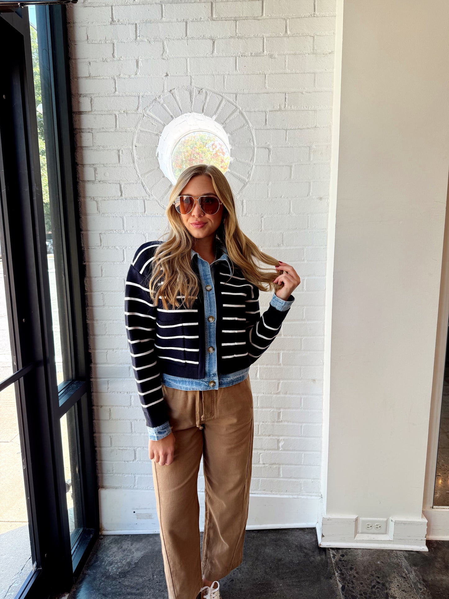 STRIPE KNIT & DENIM CARDIGAN