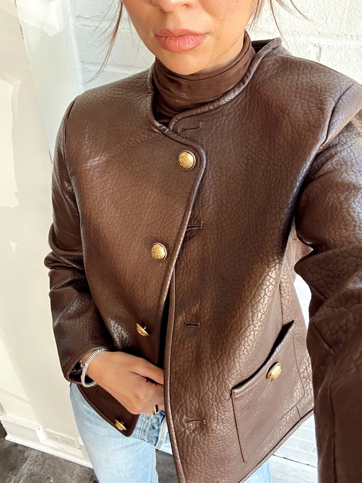 VEGAN LEATHER JACKET W/ GOLD BUTTONS