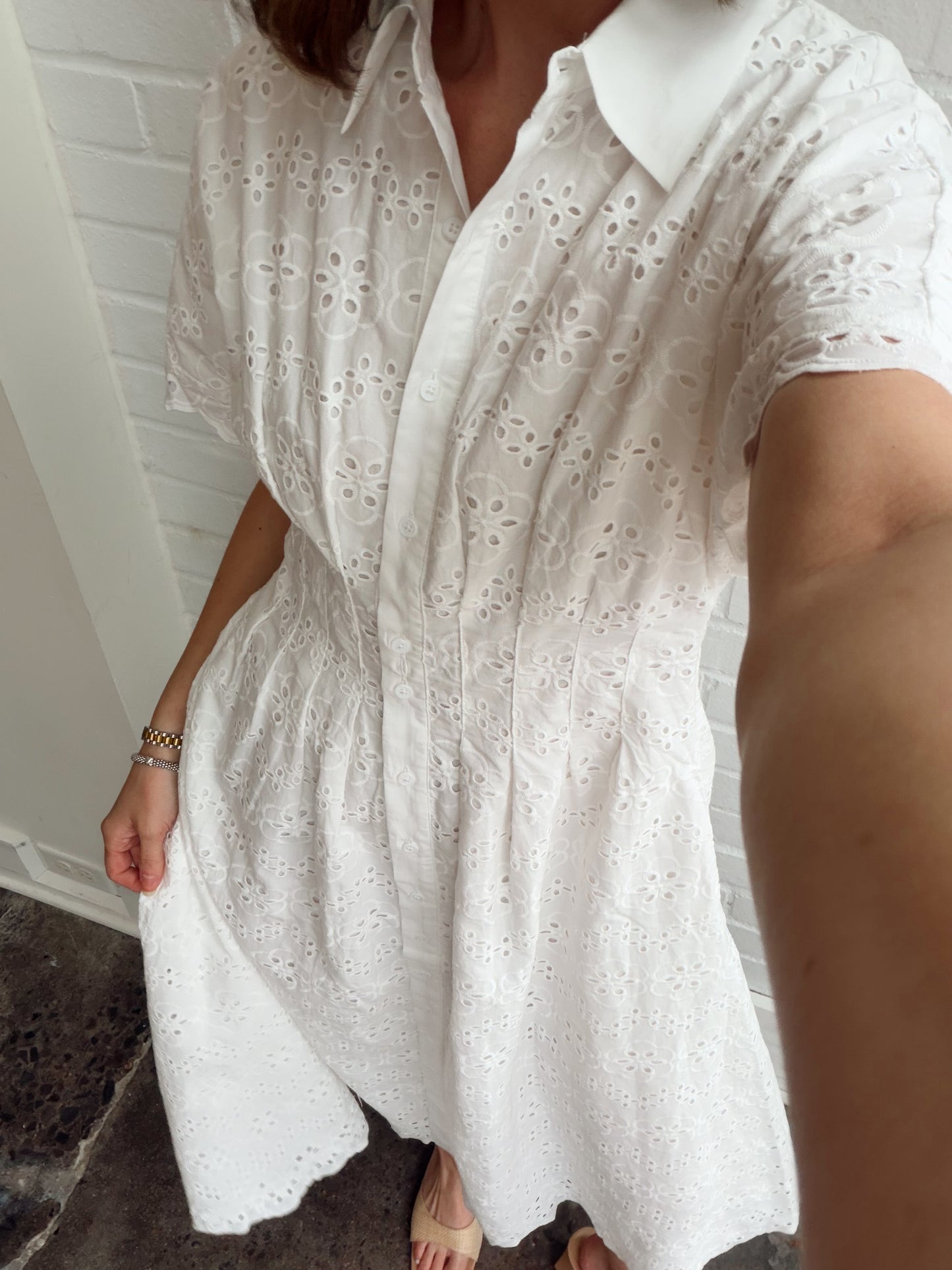 CINCHED WAIST EYELET MIDI DRESS