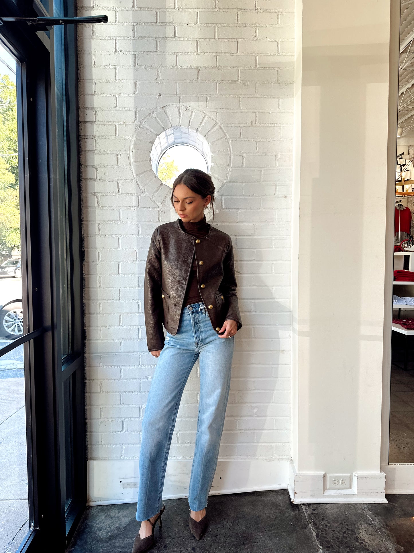 VEGAN LEATHER JACKET W/ GOLD BUTTONS