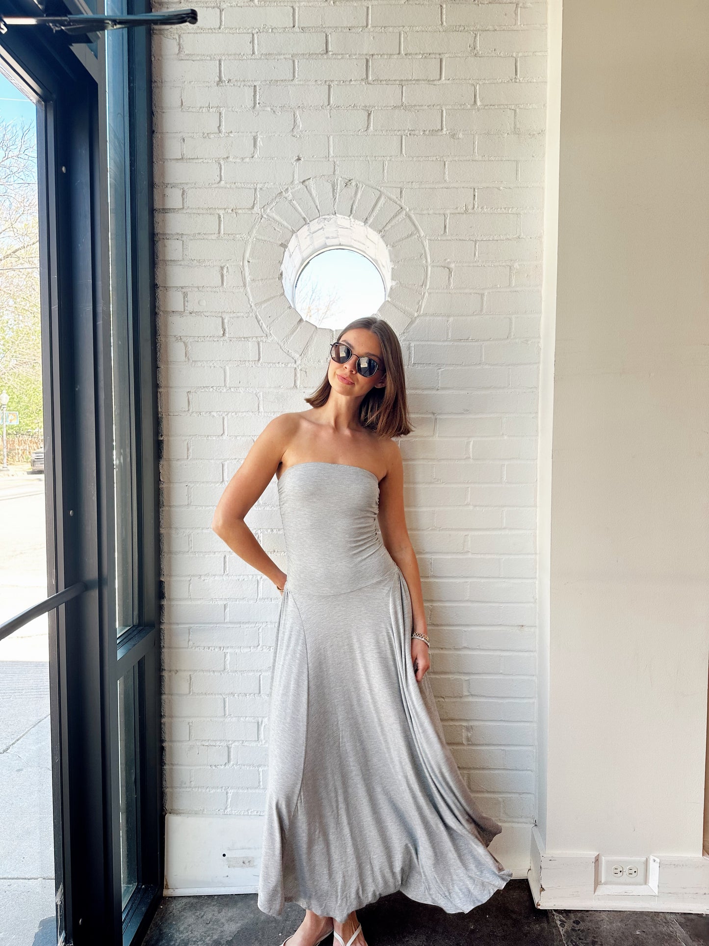 GODDESS STRAPLESS SHIRRED DRESS