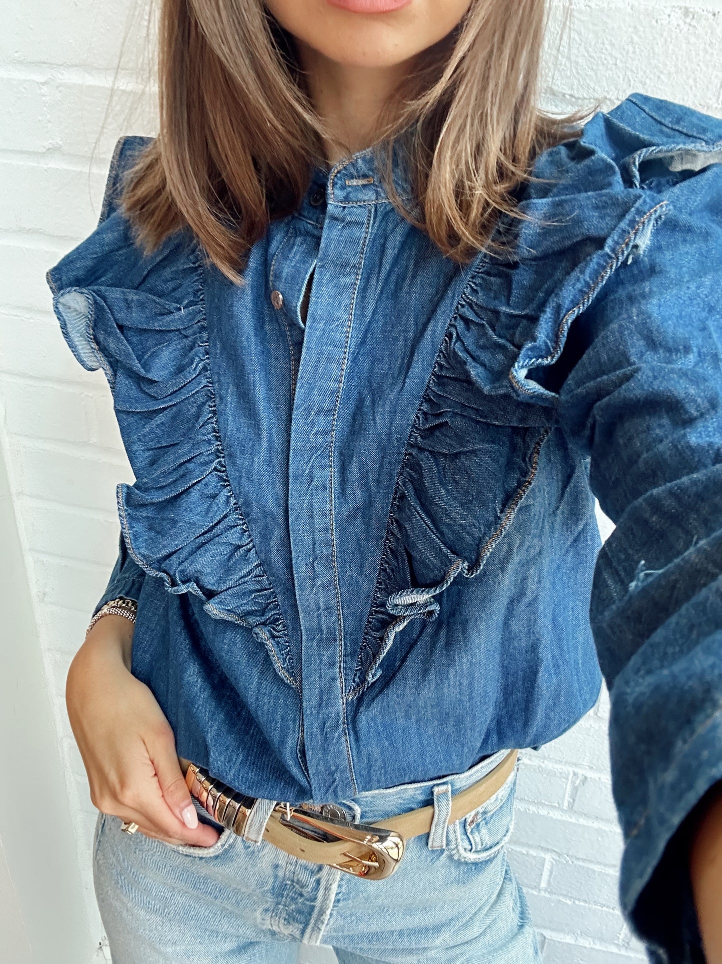 KALEESE DENIM RUFFLE TOP