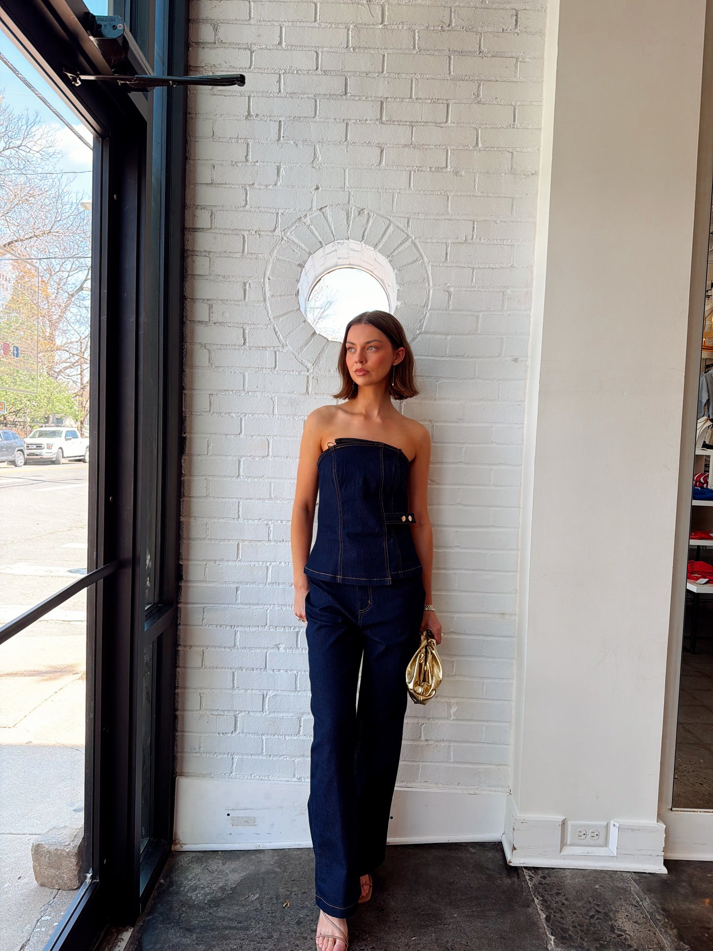 STRAPLESS STETCH TWILL TOP- INDIGO