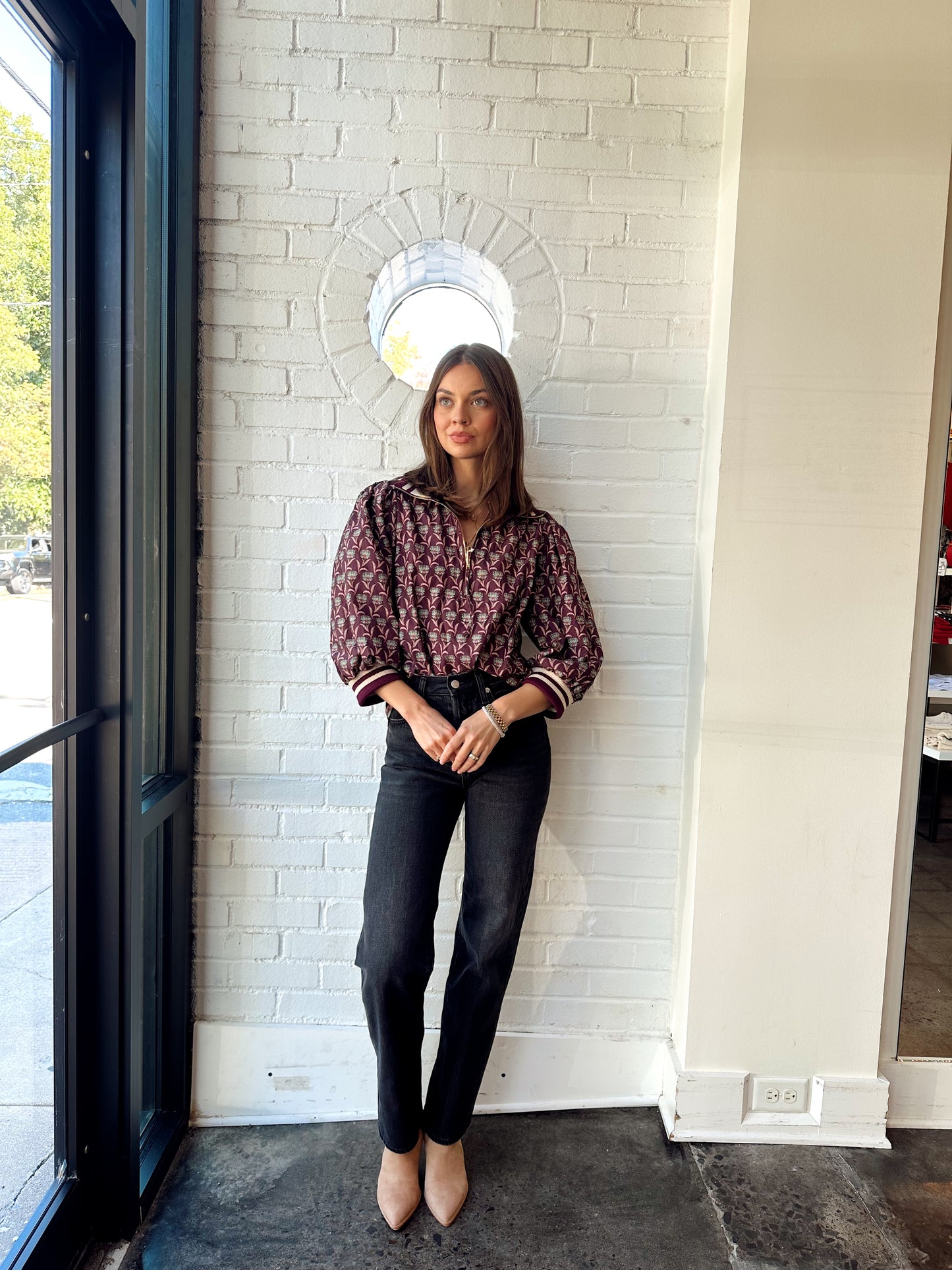 PATRICIA COLLAR FLORAL HALF ZIP TOP