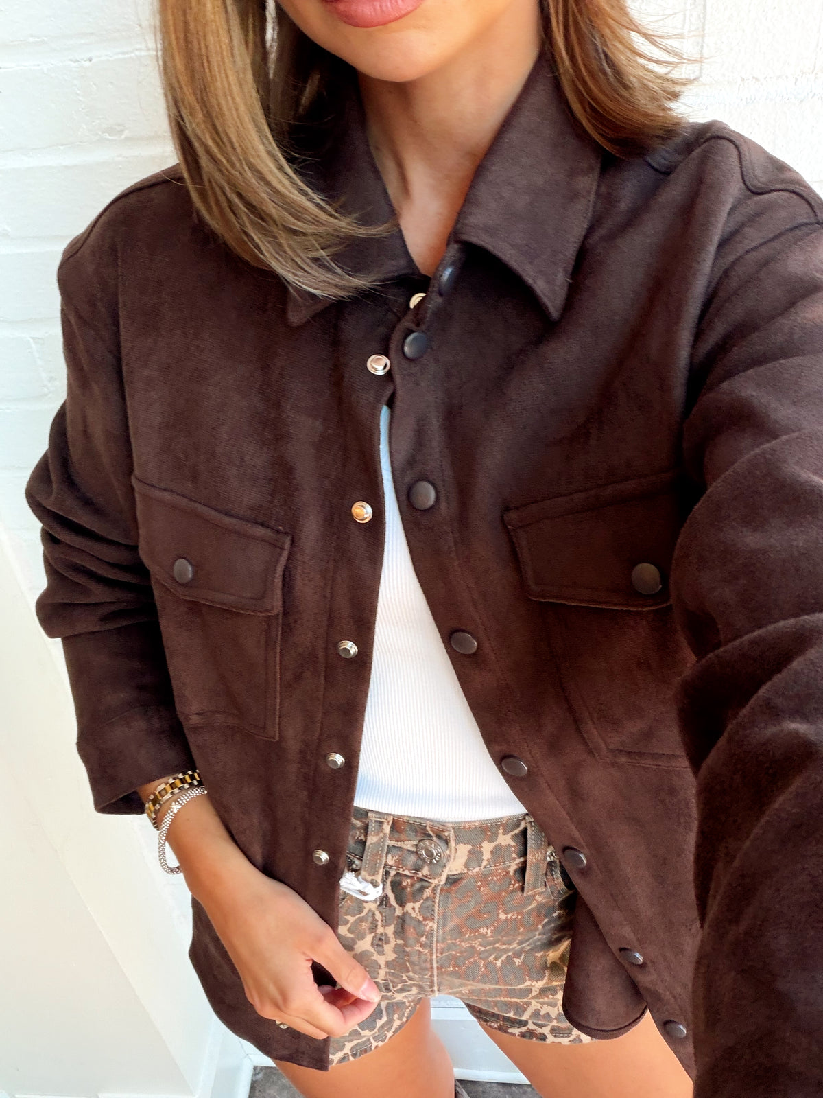SADINA FAUX SUEDE LS BUTTON UP SHIRT