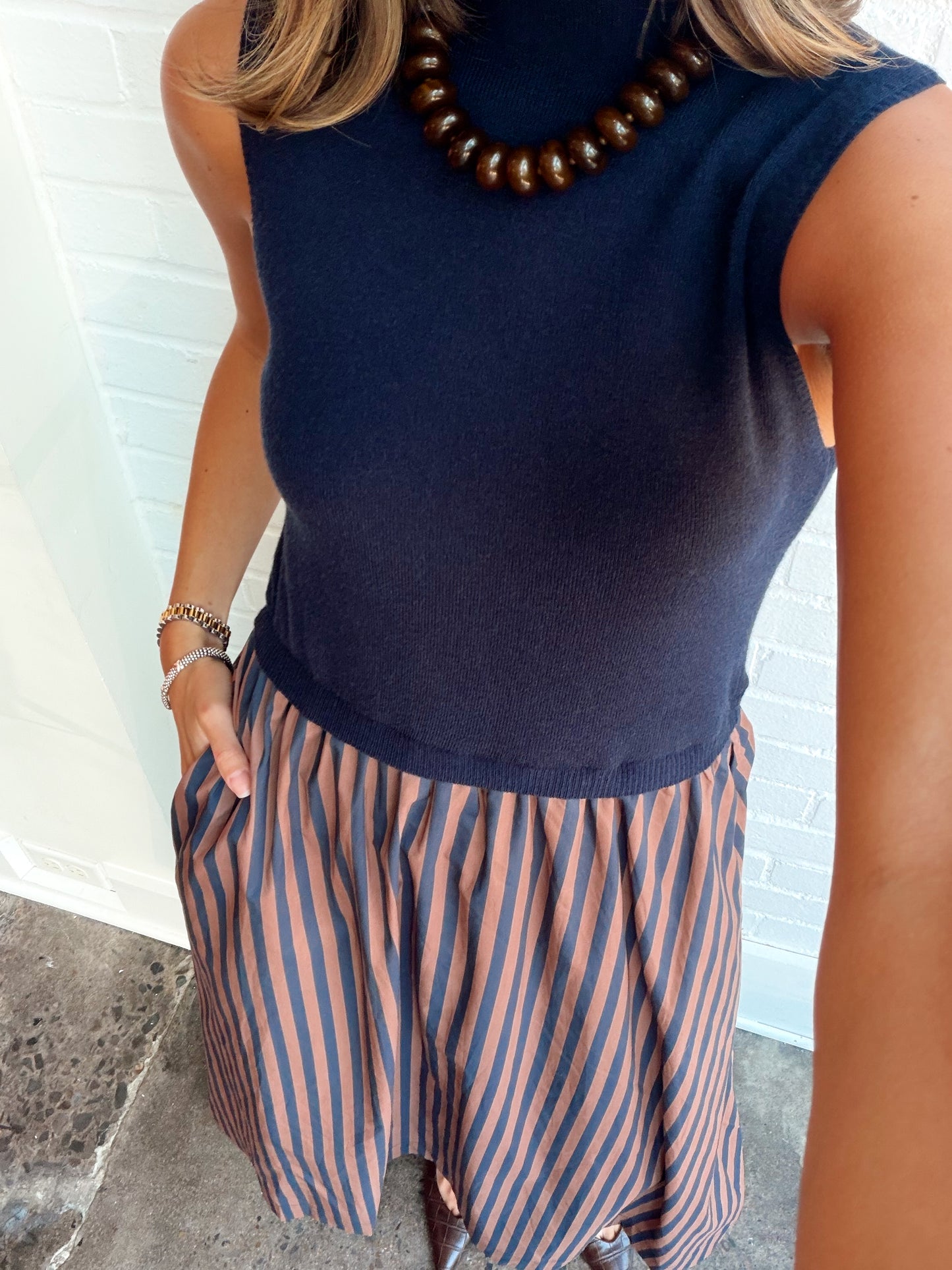 MOCK NECK W/ STRIPED SKIRT MAXI DRESS