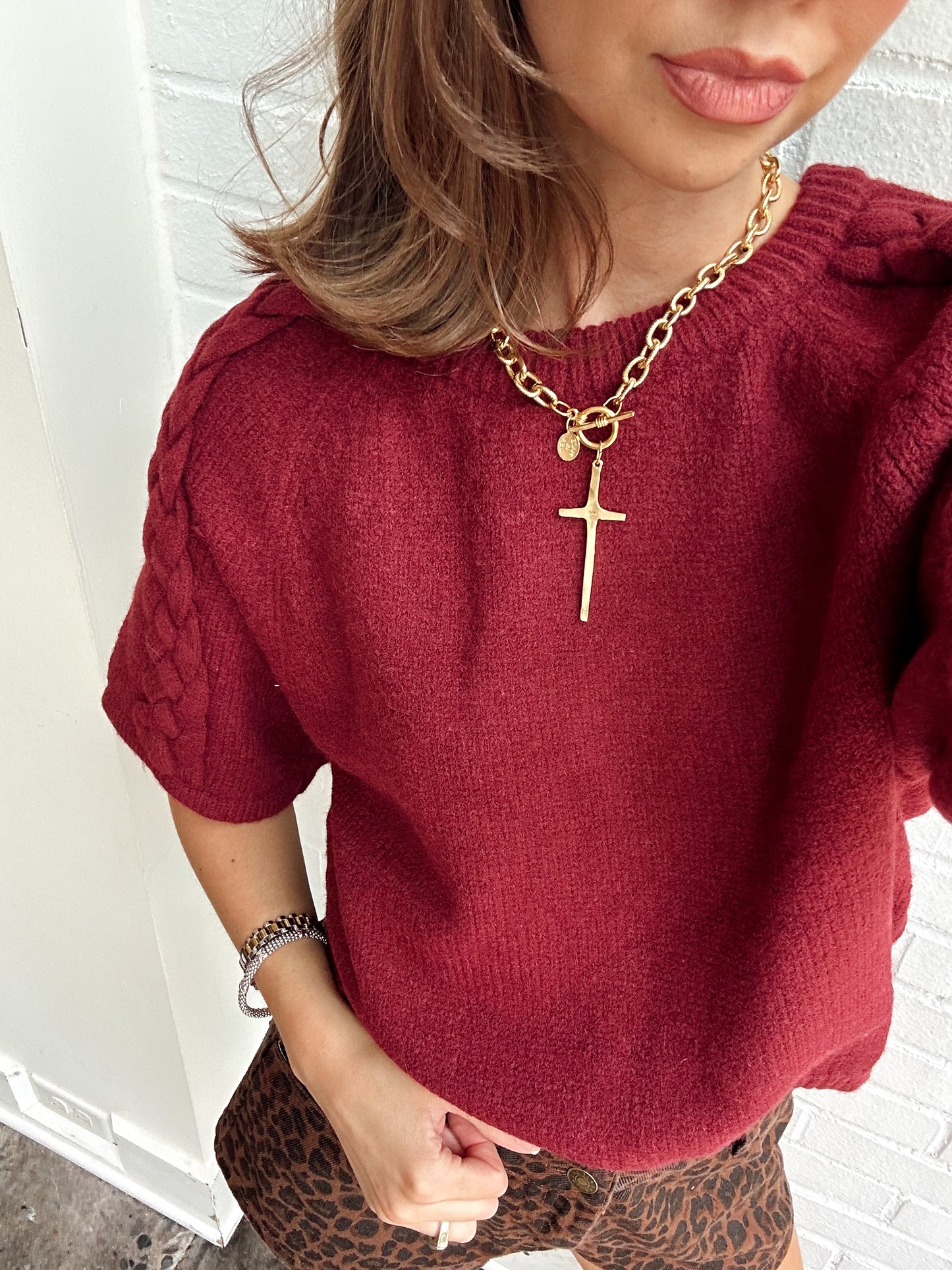 BRYN BRAIDED KNIT SS SWEATER