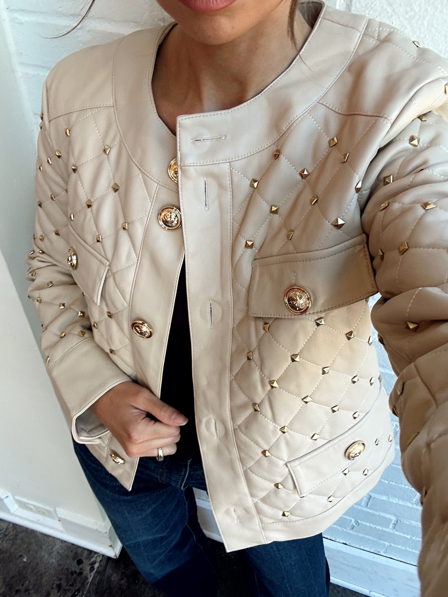 VEGAN LEATHER QUILT JACKET W/ STUDS