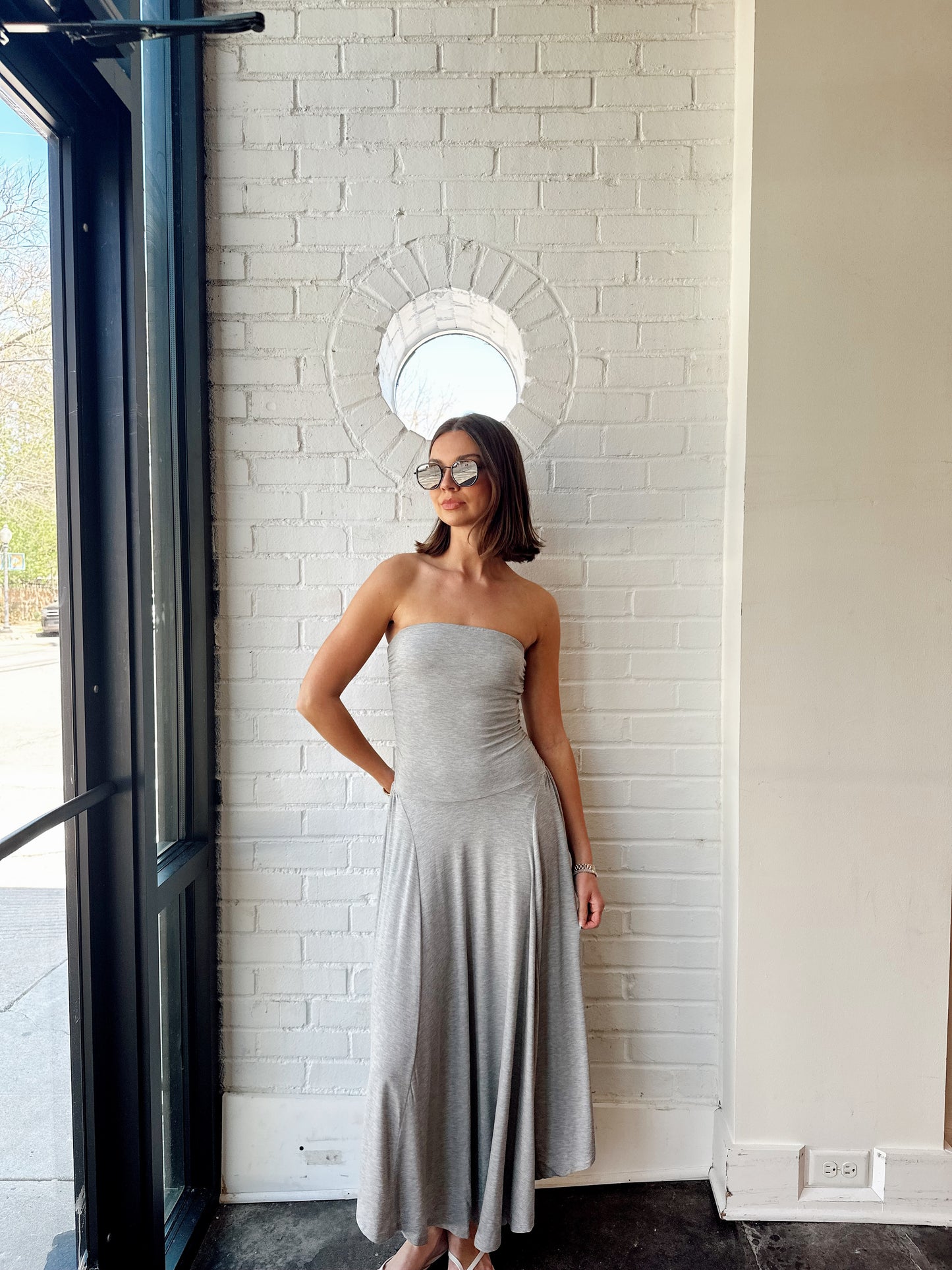 GODDESS STRAPLESS SHIRRED DRESS