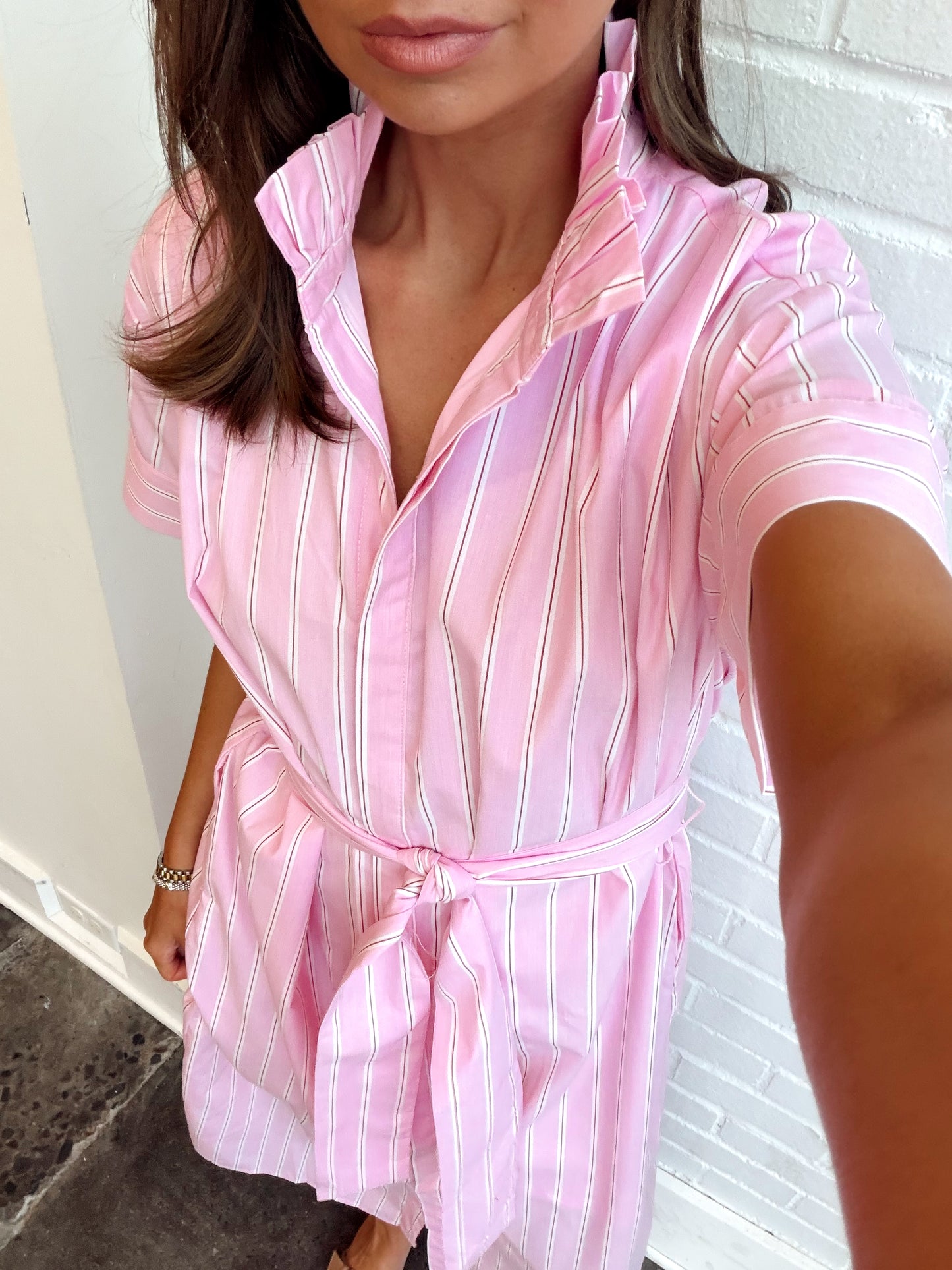 HIGH COLLAR PINK STRIPED MAXI