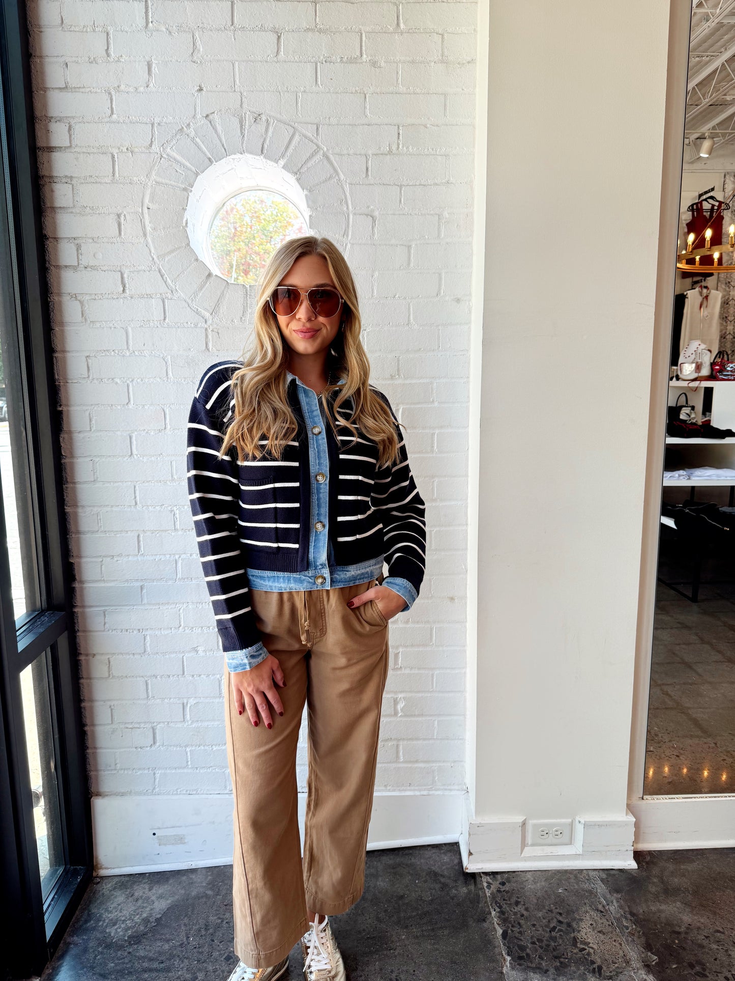 STRIPE KNIT & DENIM CARDIGAN
