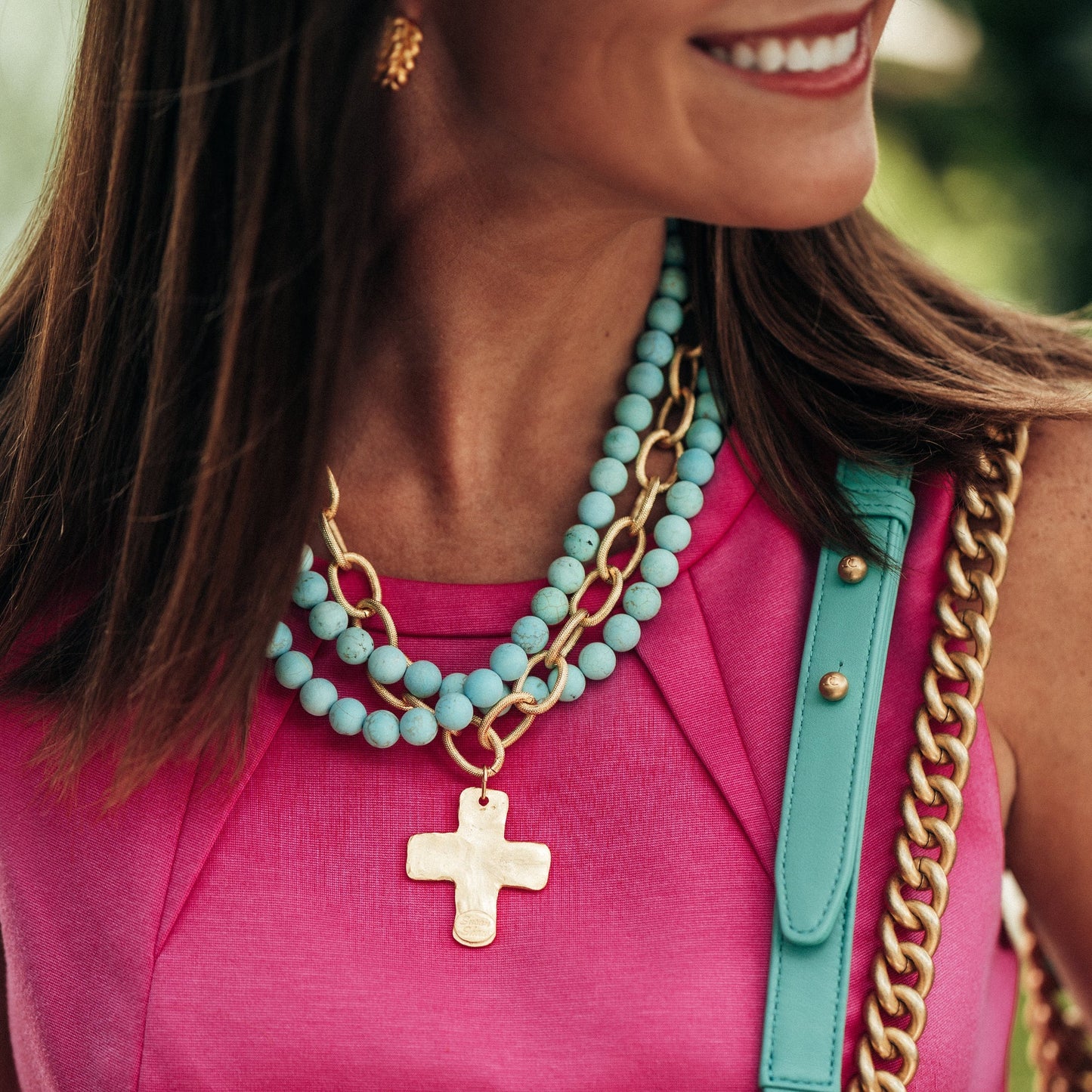 MATTE TURQUOISE MULTI-STRAND CROSS NECKLACE