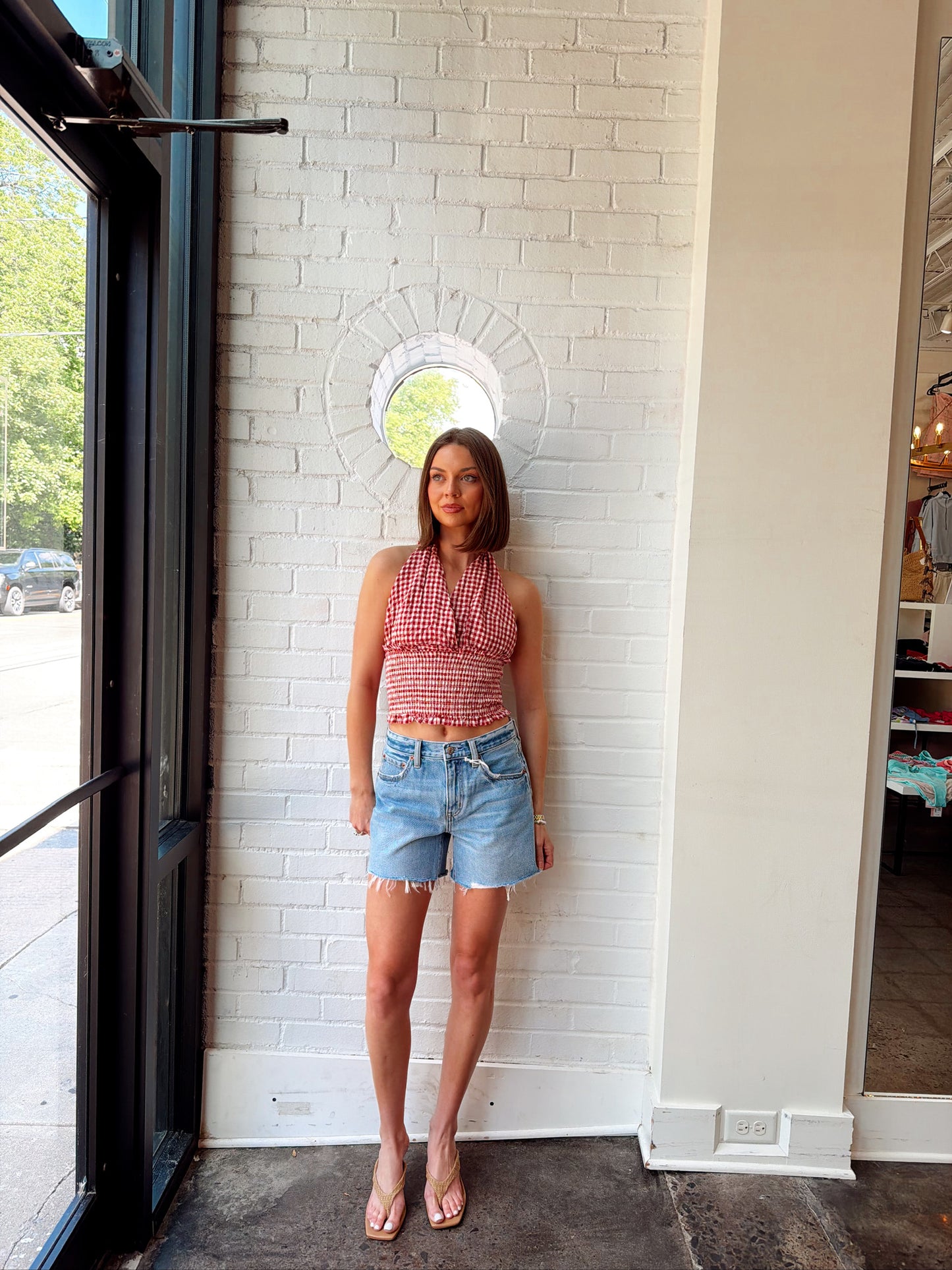GINGHAM SMOCK WAIST HALTER TOP