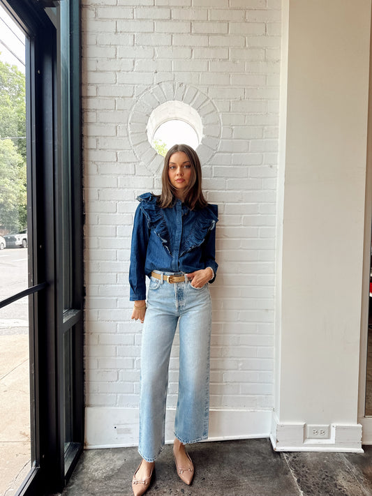 KALEESE DENIM RUFFLE TOP