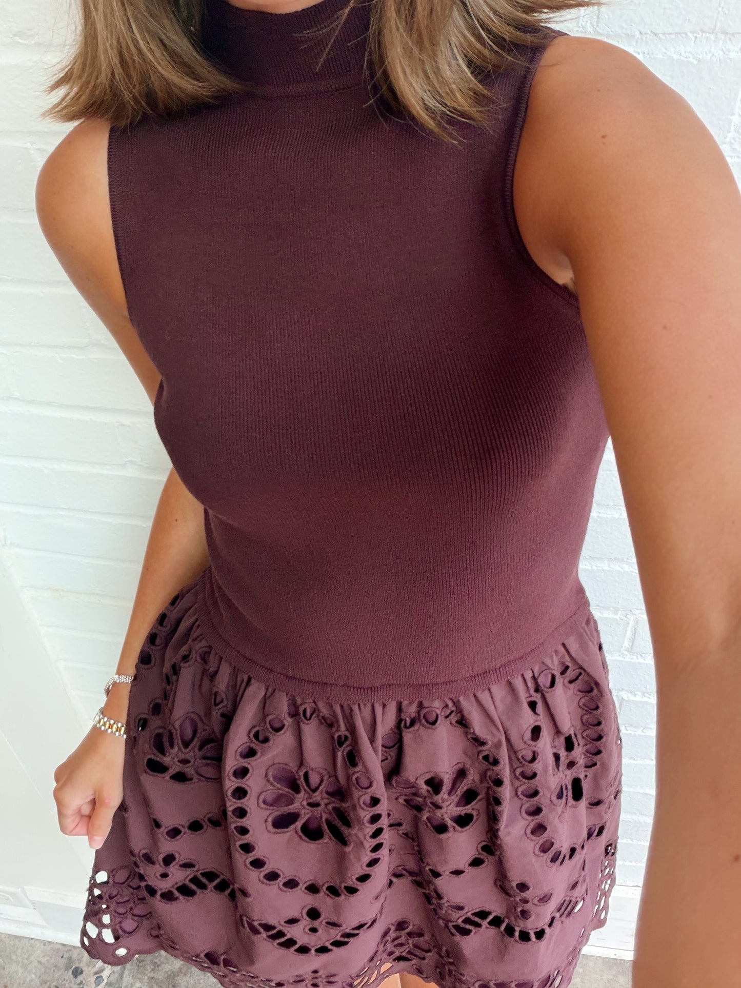 HEIDI KNIT + SCALLOP EYELET MINI DRESS