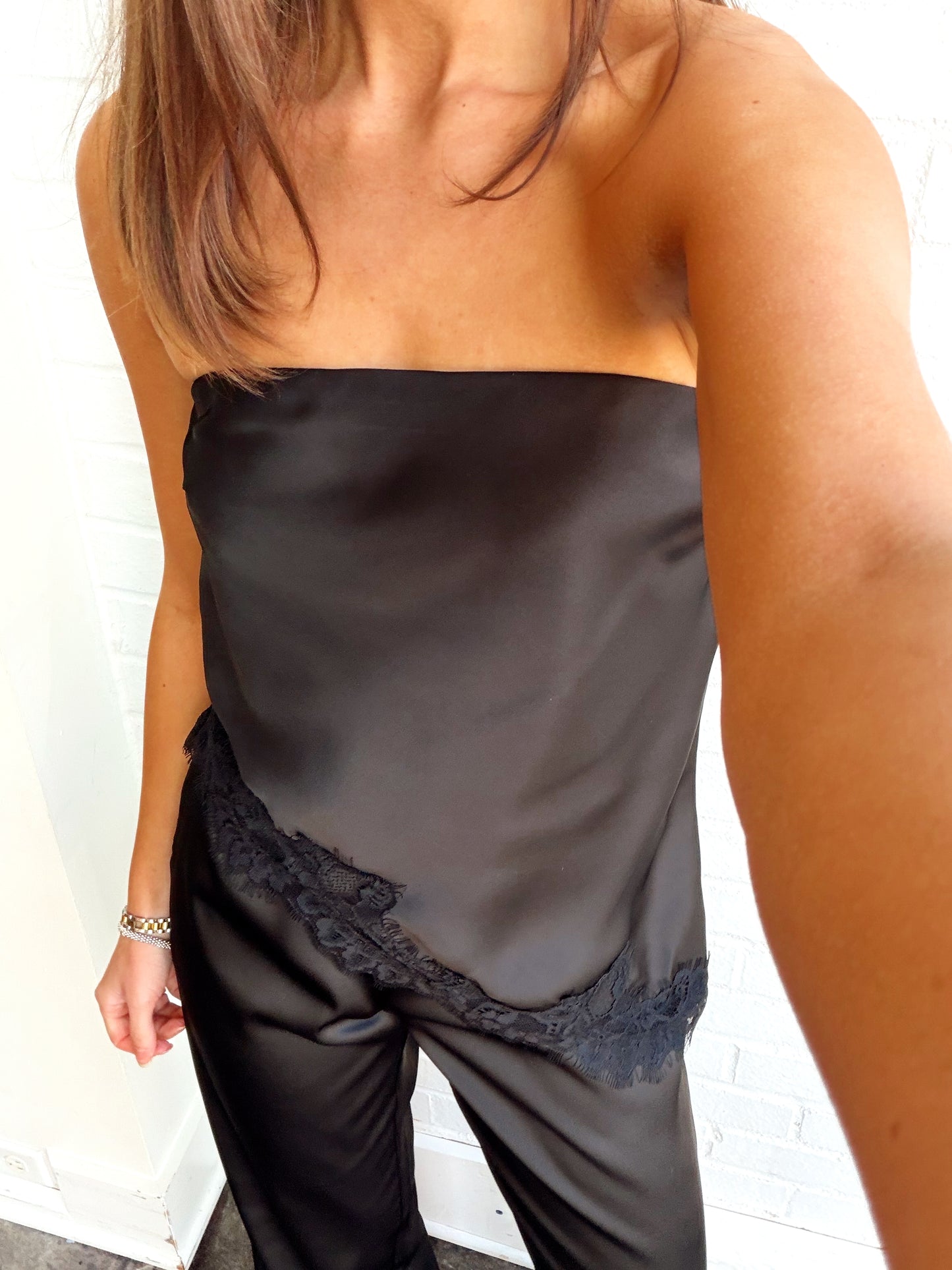 LACE EDGED SATIN TUBE TOP