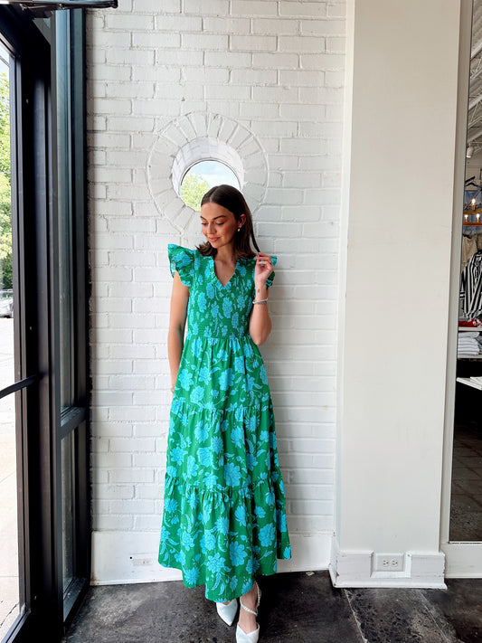 WATERLILLY FLORAL SUNFIRE SMOCKED MIDI DRESS