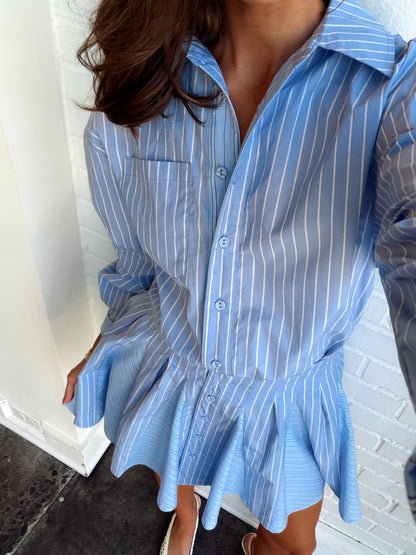 STRIPED COTTON MINI SHIRT DRESS