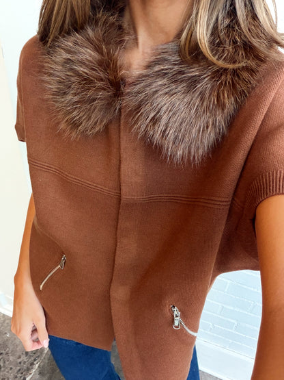 FAUX FUR TRIM CARDIGAN