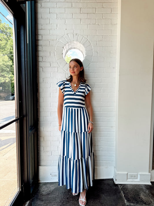 EMERLY STRIPED SUNFIRE TIERED DRESS