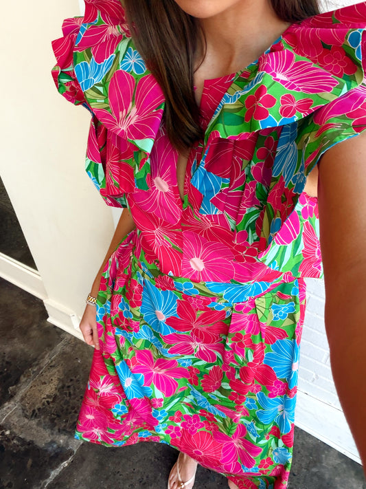 MERVY FLORAL SANTANA TIE BACK MIDI DRESS