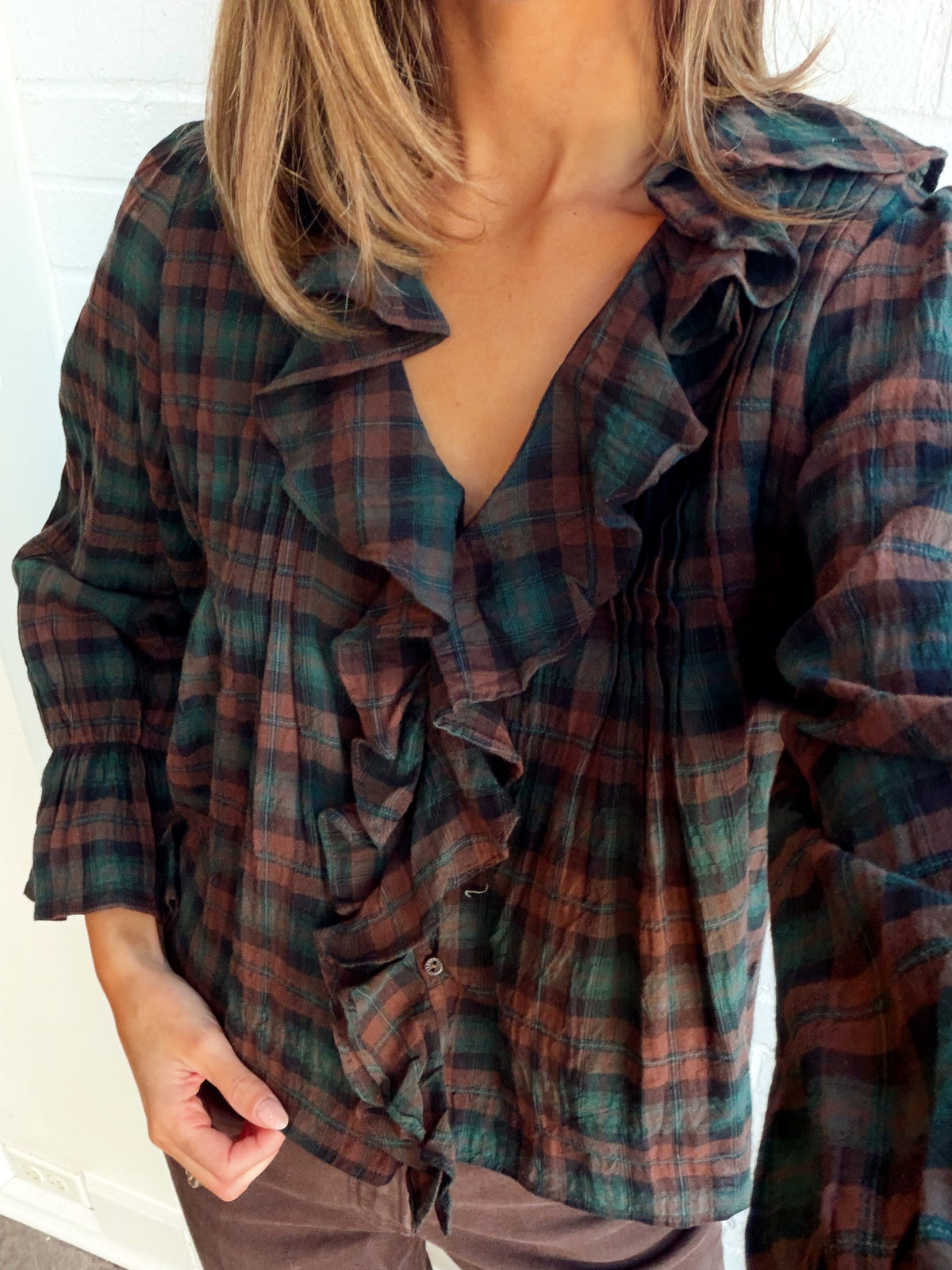 LENA RUFFLE PLAID BLOUSE