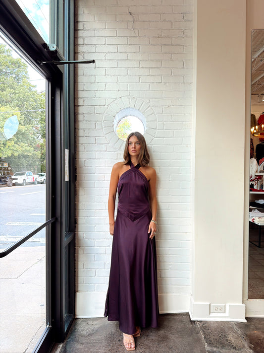 SATIN X FRONT TIE HALTER DRESS