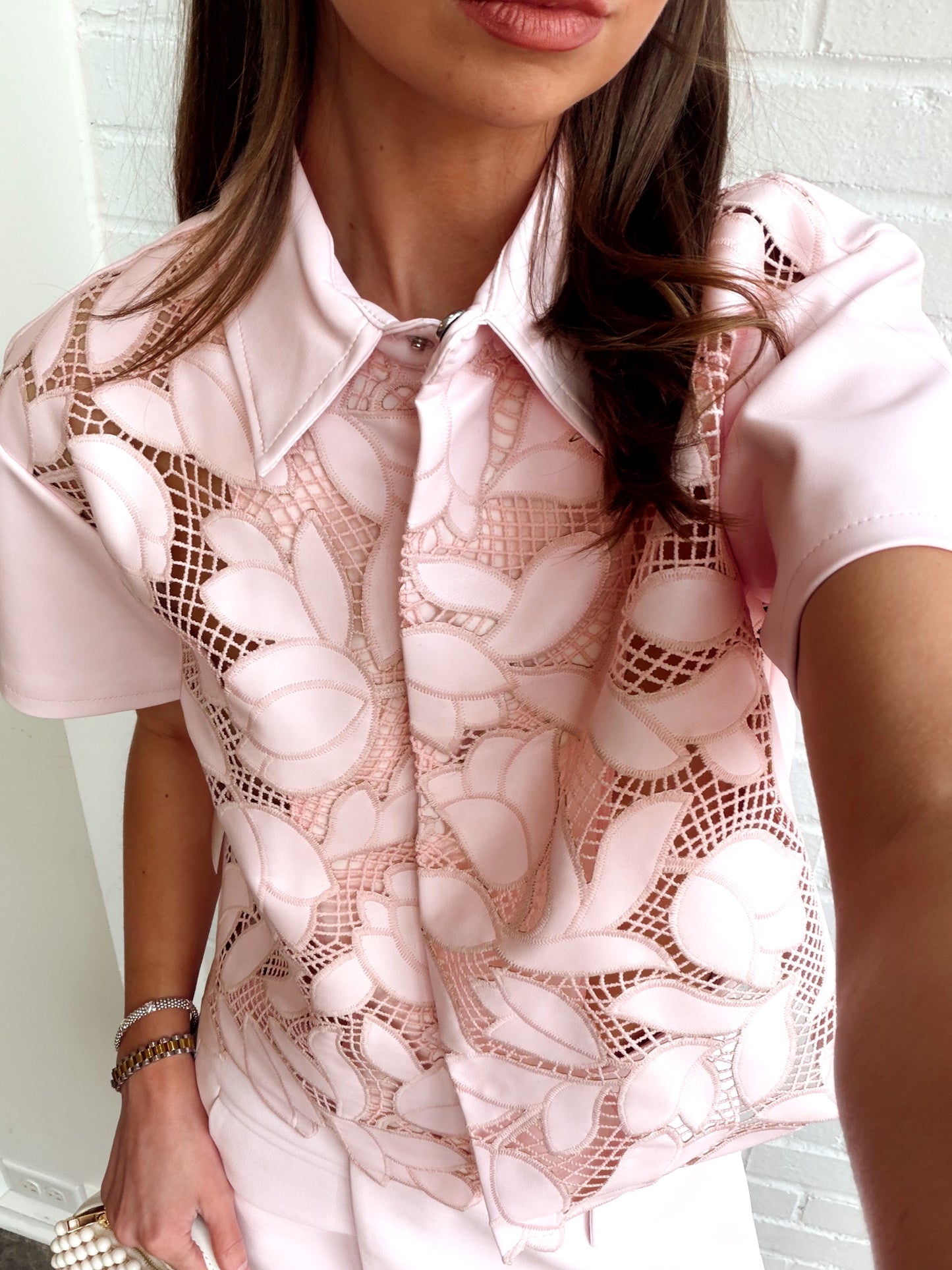 VEGAN LEATHER FLORAL TOP