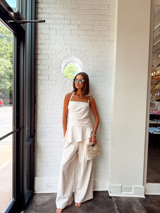 PLEATED HALTER TOP & WIDE LEG PANTS SET
