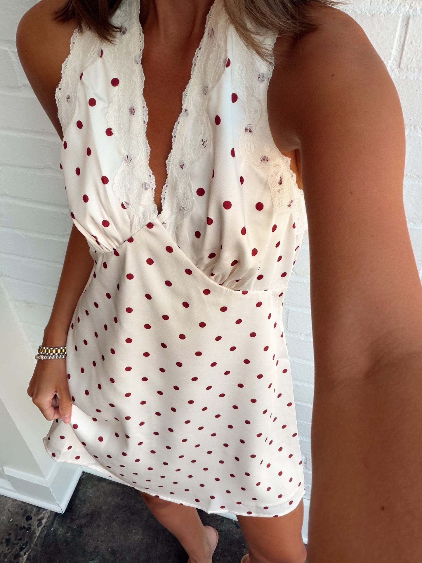 SATIN POLKA DOT HALTER DRESS W/ LACE DETAIL